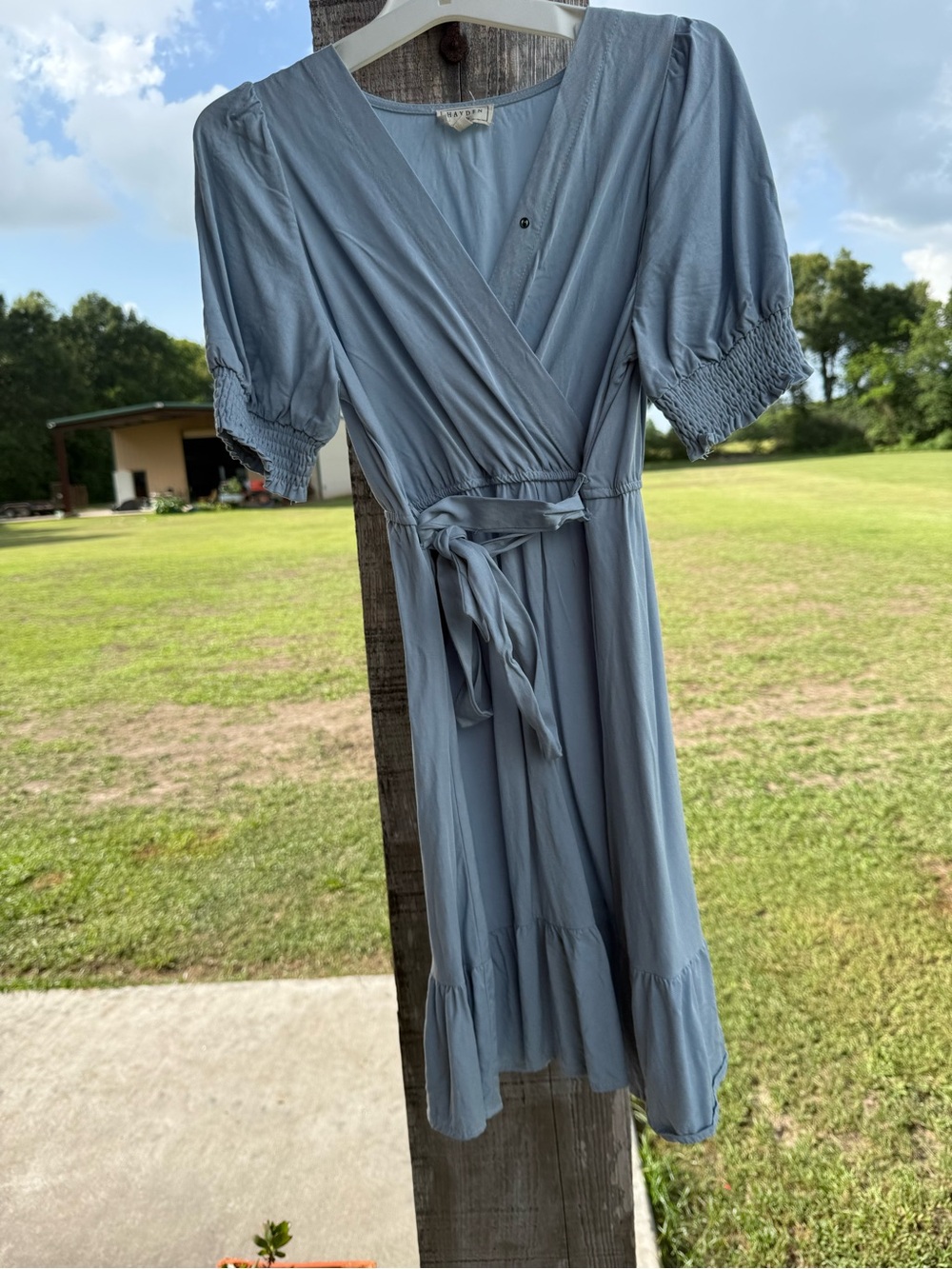 Hayden Girls Dusty Blue Wrap Midi Dress with Smocked Puff Sleeves